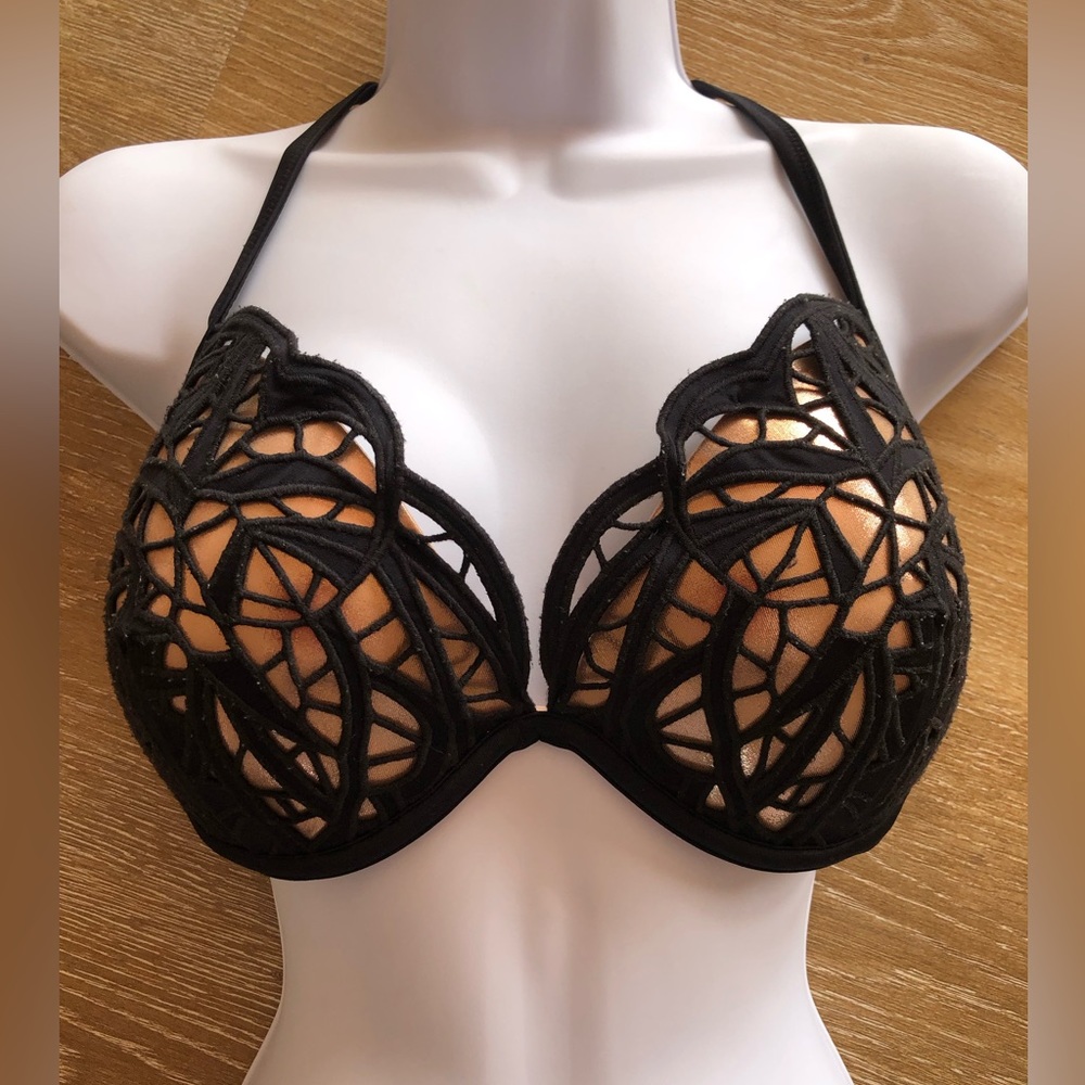 Black overlay lace w/ gold body bikini top 34DD padded & uplift. Adjustable ties
